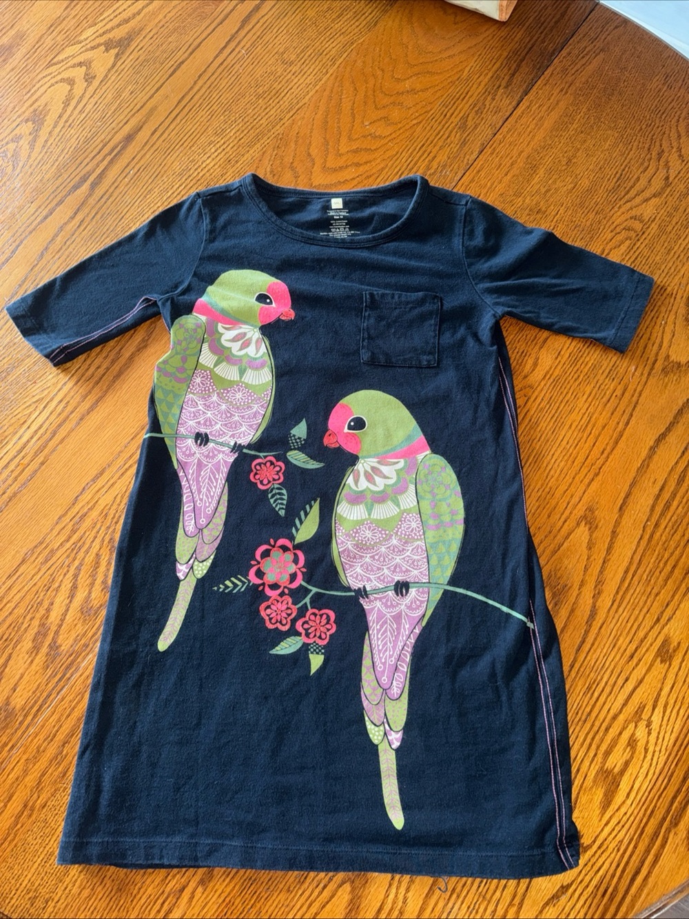 Tea Collection Navy Dress with Pink & Green Parrots